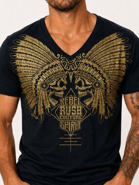 Rush Couture Men's Unisex V-neck Tee Shirt Black Gold Studded Size Large Graphic